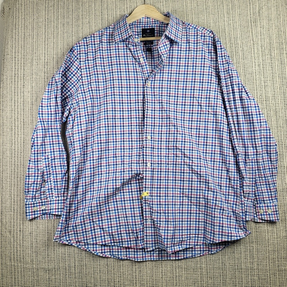 Ben Sherman Shirt Mens XL Stretch Plaid‎ Button Down Long Sleeve Tailored Fit